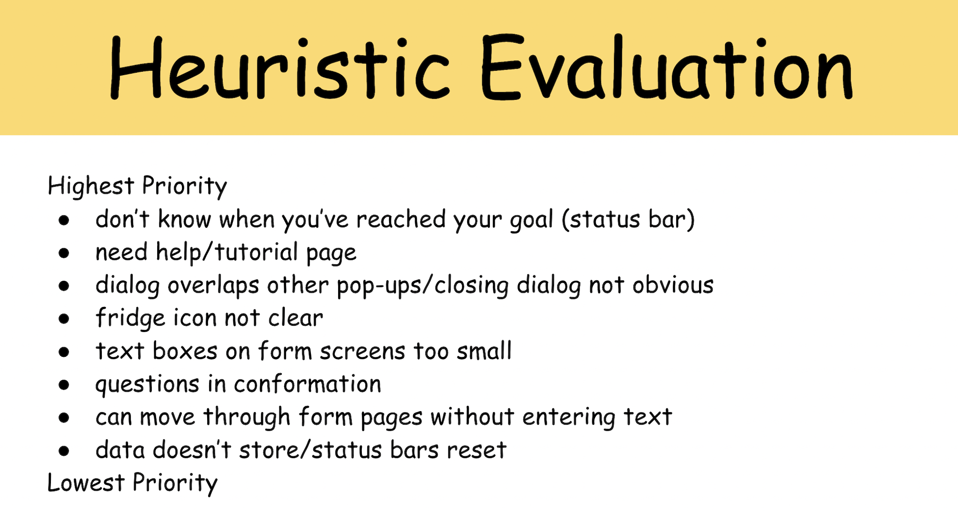 screen from report slide explaining prioritized heuristic evaluation takeaways