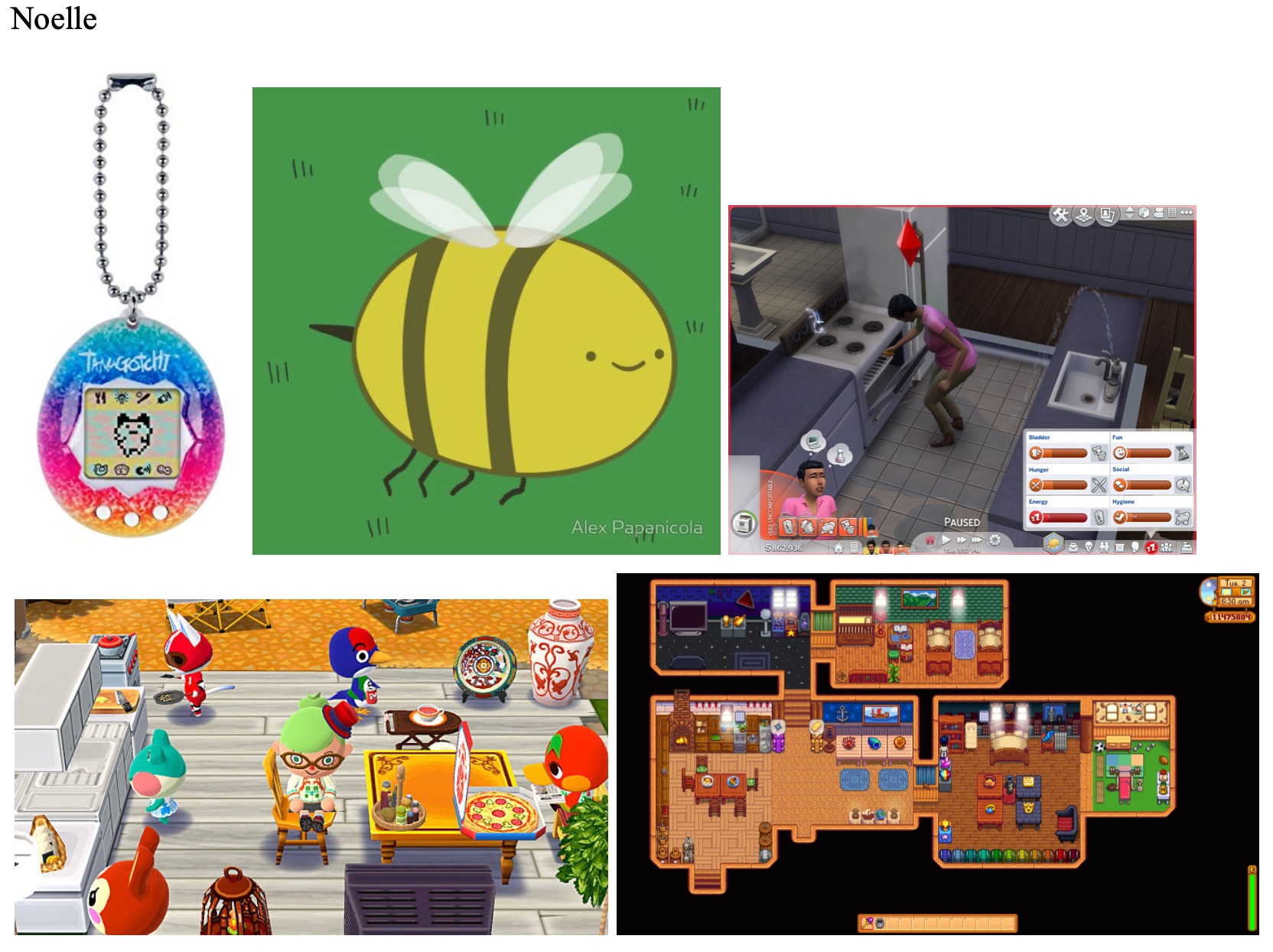 colorful images of a Tamagotchi, a bee, the sims, Animal Crossing,
          and Stardew Valley.