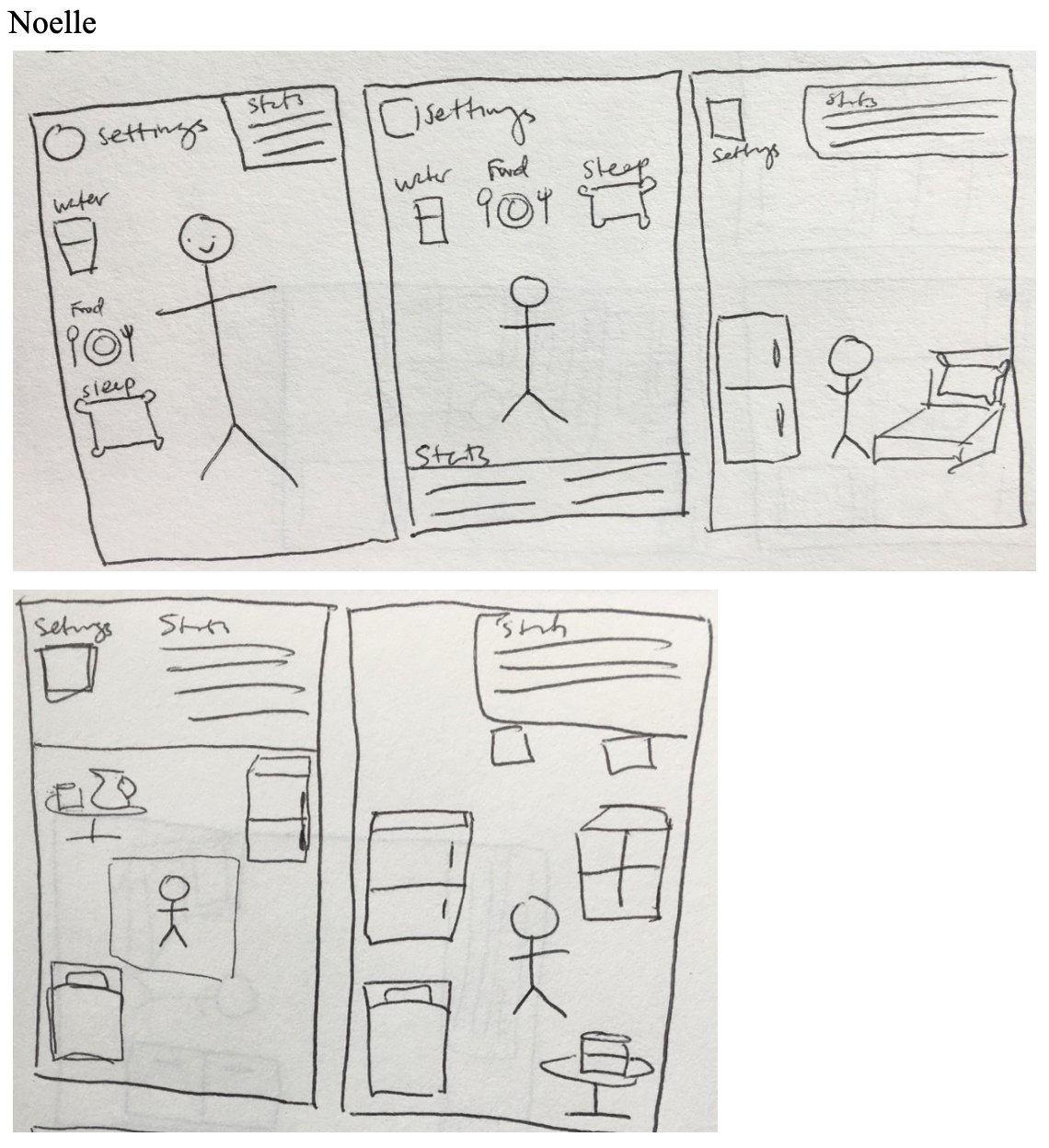 5 rough sketches formatted to a phone of a stick figure in a studio apartment