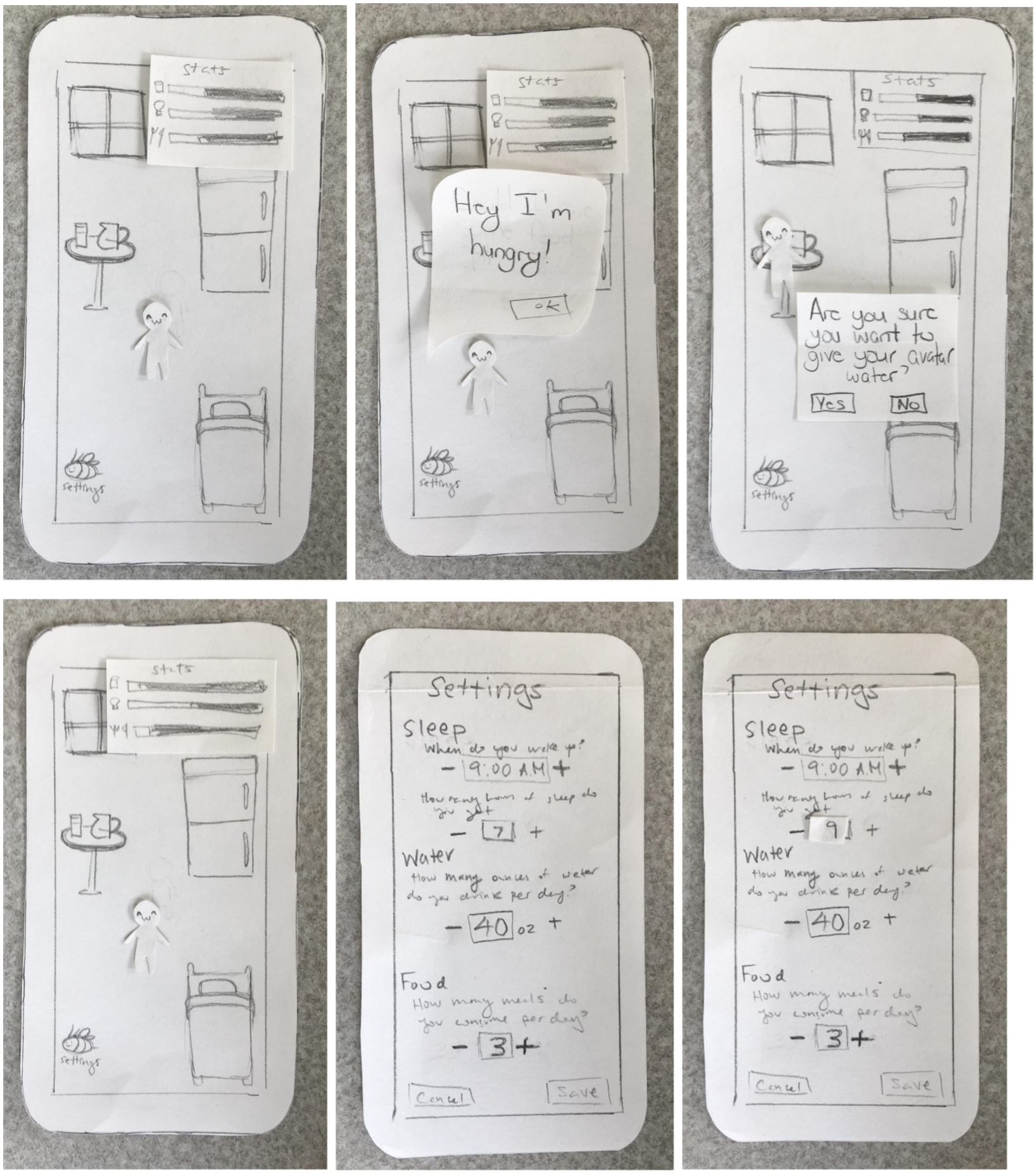 10 sketches of a stick figure using the BeeWell app on their phone
          to take care of an avatar and being reminded to drink water, eat, and sleep.