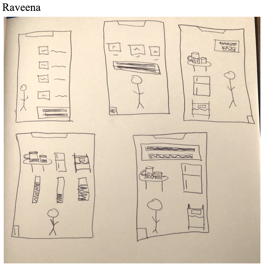 5 rough sketches formatted to a phone of a stick figure in a studio apartment