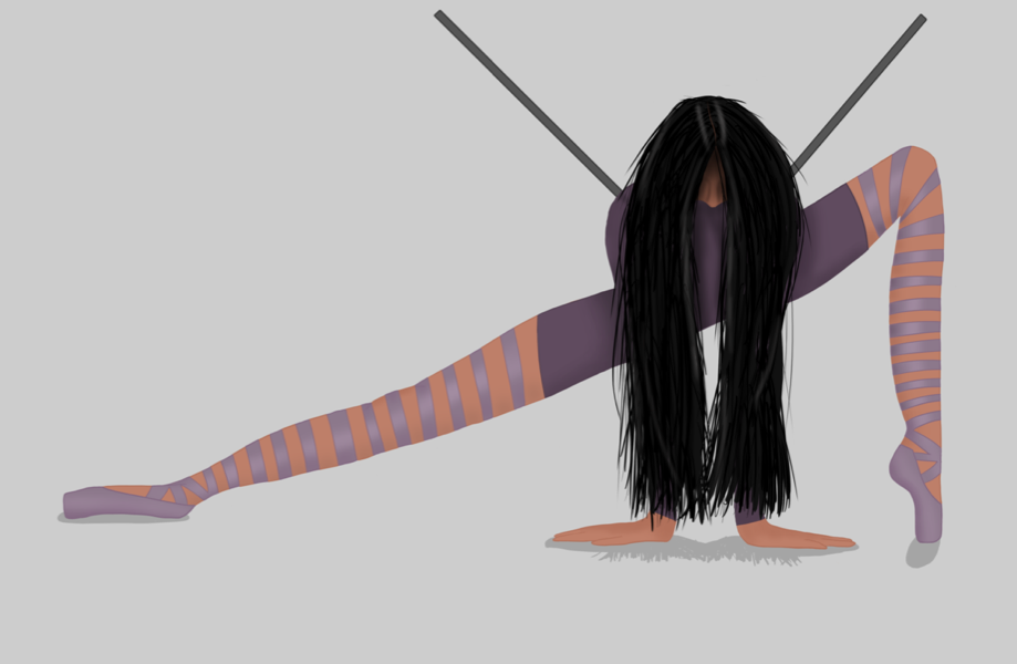 photoshop drawing of a girl in a purple leotard and point shoes leaning foward with long black hair covering her face