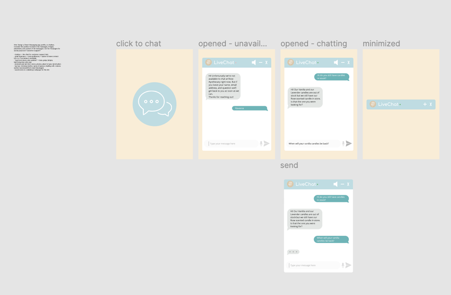 figma draft - five screens that make up a live chat box that is white and turquiose on a sand colored background