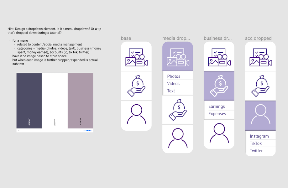 figma draft - dark greyish purple color palette and text on left and 4 columns with the different dropdown options on right