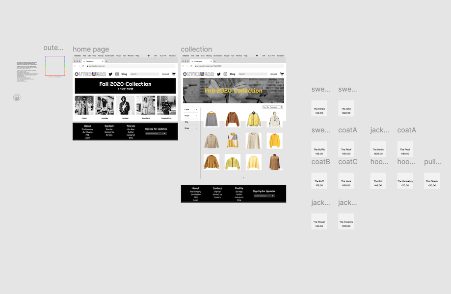 figma draft - two desktop screens with mostly greyscale or yellow coloring and multiple detail squares surrounding them