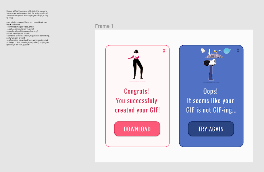 figma draft - a pink rectangle saying congrats on creating a gif and a blue rectangle saying oops your gif did not work