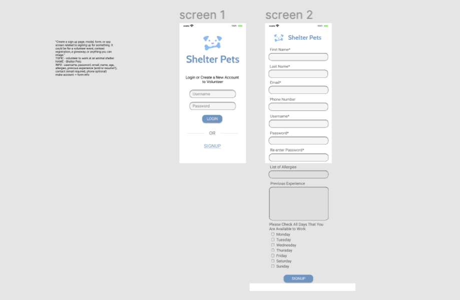 figma draft - two mobile sign up screens where one is a form and the other has a small blue dog icon