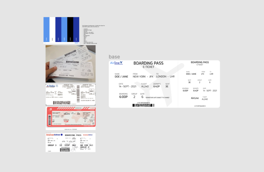 figma draft - boarding pass with reference images to the left of it