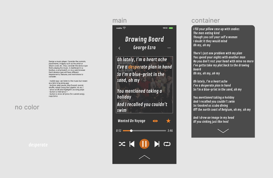 figma draft - two dark mobile screens, one with play buttons, both with partial lyrics of Drawing Board by George Ezra in white