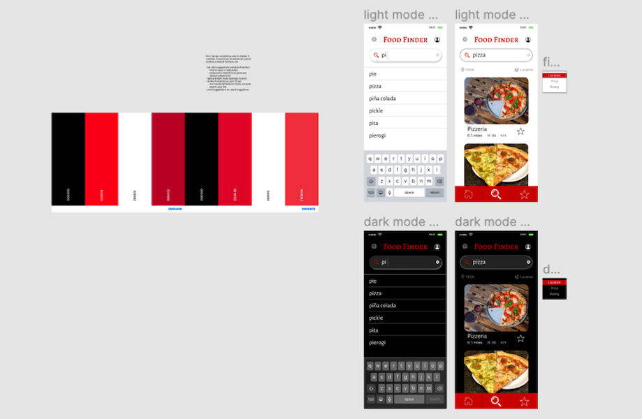 figma draft - four mobile screens (light and dark versions) of food search app with pizza results