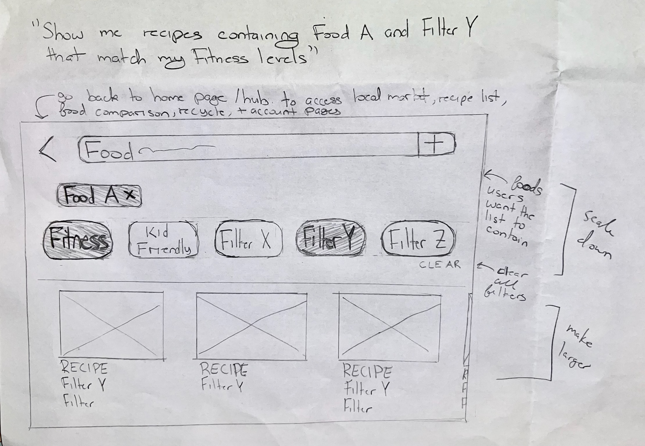 sketch of recipe screen results with filters