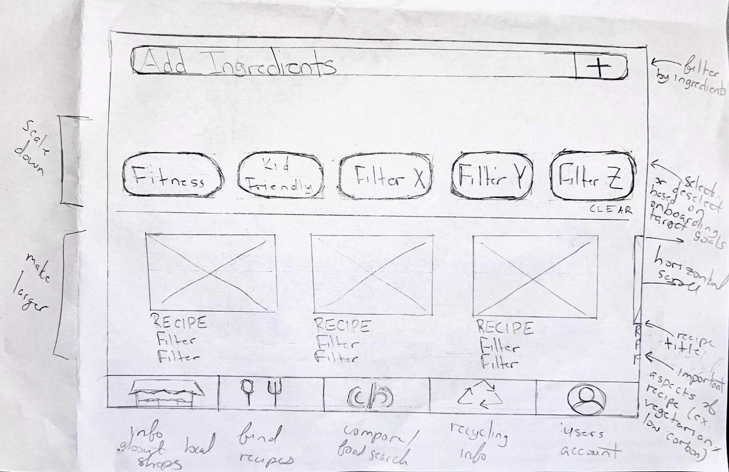 another version sketch of recipe screen results with filters