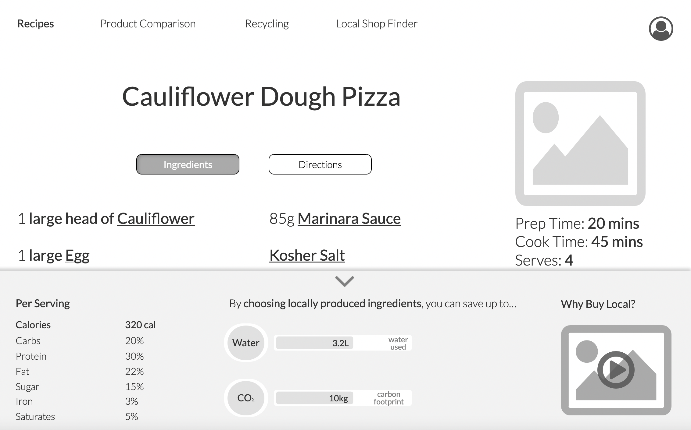 recipe with filter and health and sustainability details shown