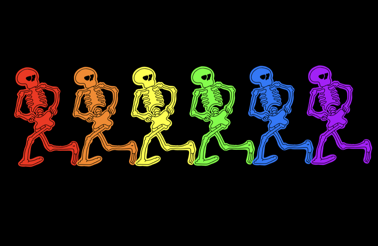 dancing skeletons in each color of the rainbow