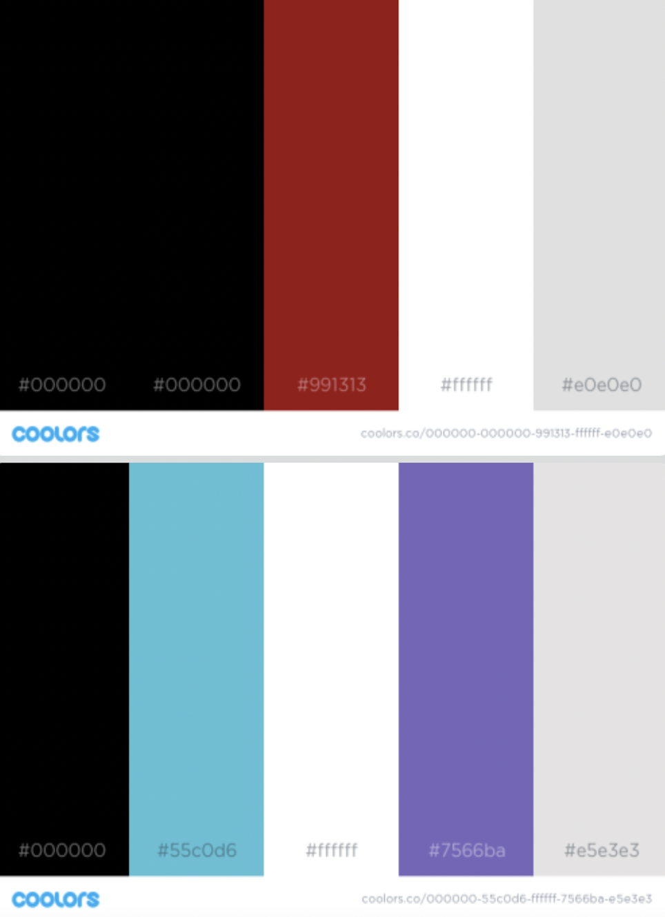 red, grey, black, and white color scheme and teal, purple, grey, black, and white color scheme