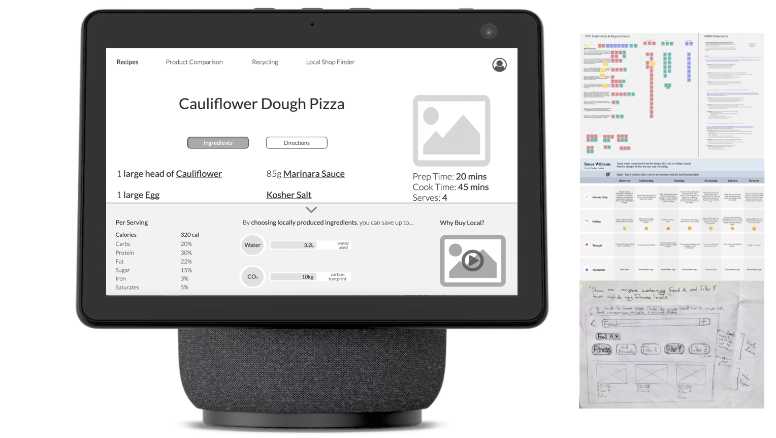 image of echo show with kitchenmate wireframe screen and 3 small images of process steps to the right